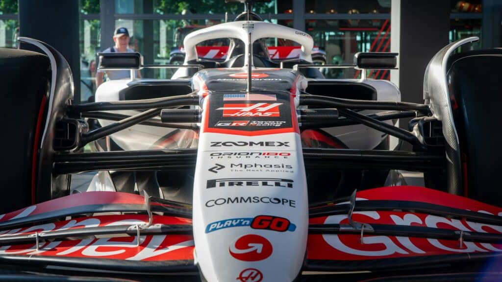 A close-up view of a formula 1 race car.