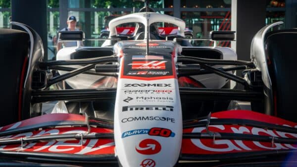 A close-up view of a formula 1 race car.
